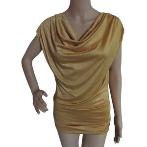 NTD Gold Blouse Small Long Textured Draped Neck Ruched Cap Sleeve top shirt
